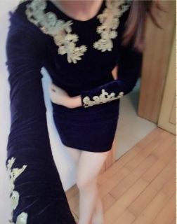 New Womens European Fashion Sexy Velvet Crocheted Lace Long Sleeve Dress B897