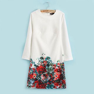 Vintage Womens White Round Neck Long Sleeve Floral Pattern Slim Dress Sz M WLM10