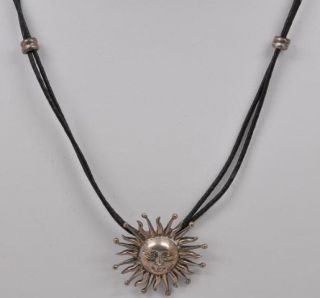 925 Sterling Silver Sun Pendant on Black Cord Necklace