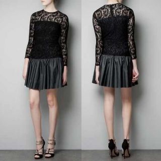 New Womens European Fashion Lace Hollow Splice PU Leather Hem Dress Black B962