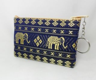 Cute Thai Elephant Blue Cloth Coin Money Pouch Purse Wallet Bag Keychain Zipper