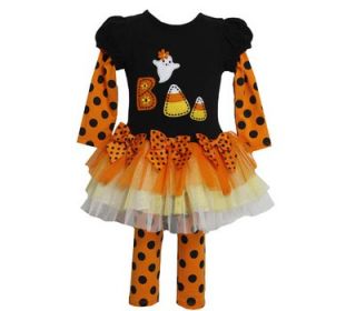 Bonnie Jean Girl Halloween Boo Ghost Polka Dots Orange Tutu Dress Leggings 2pc