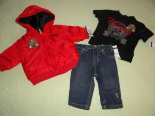 Coogi Baby Boys 3 PC Denim Jeans Black Tee Shirt Red Jacket Set 12M $60