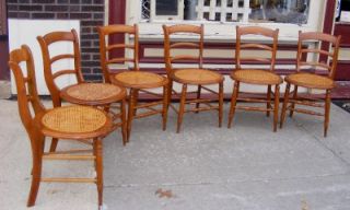 Set of 6 Antique Vintage Wood Wooden Newly Caned Bottom Dining Armless Chairs