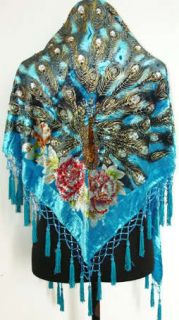 100 Silk Chinese Women's Embroider Shawl Scarf Peafowl Black Blue Red