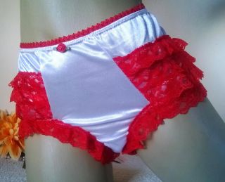 Sissy French Maid Lolita White Nylon Satin Red Ruffle Lace Frilly Knickers M