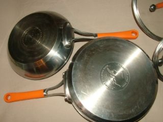 10pc Rachael Ray Stainless Steel Cookware Pot Pans Set Orange Silicone Handles