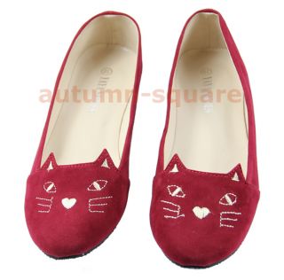 New Fashion Cute Cat Face Womens Shoes Loafers Low Heel Comfort Flats Red Black