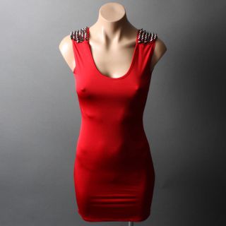 Sexy Red Spike Studded Shoulder Stretch Bodycon Club Party Mini Dress Size M