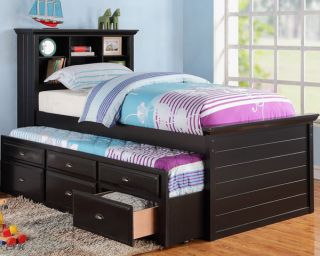 New New River Black or Cherry Finish Wood Bookcase Twin Bed w Trundle Drawers