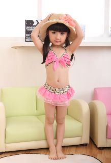 3pcs Baby Girl Kid Toddler Swimsuit Bikini Swimwear Pink Leopard Tutu Clothes