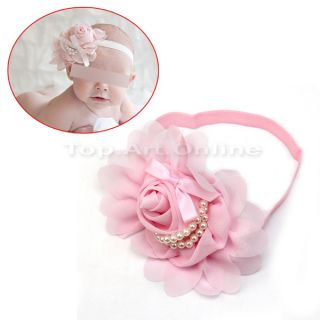 Lovely Baby Girl Toddler Elastic Rose Flower Faux Pearl Headband Hairband Pink
