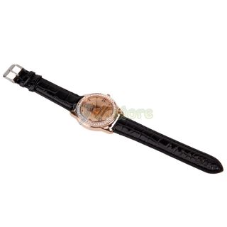 Fashion Women Ladies Tower Crystal Diamond Leather Band Quartz Wrist Watch Black