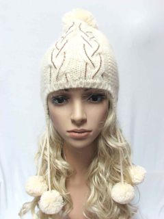 Hip Winter Beanie Hat for Women Bling Bling Crystal N Ear Flips Pom Pom Ivory