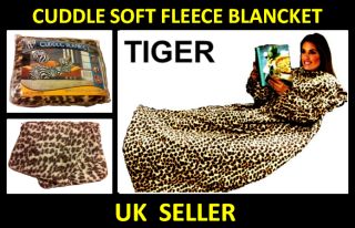 Cuddle Soft Fleece Snug Blankets w Sleeves Warm Snuggle Rug Wrap Cosy Bag Tiger