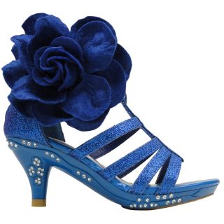 Girls Evening High Heel Dress Sandals w Strappy Glitter and Fabric Flower Blue