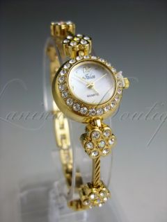 Sparkling Crystal Diamante Flower Gold Ladies Quartz Wrist Watch Bracelet Bangle