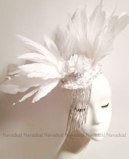 Large White Feather Rhinestone Hair Clip Tassel Crown Hat Wedding Bridal Party