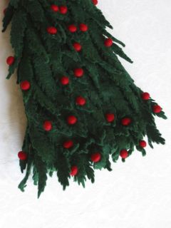 Mackenzie Childs LG Green Red Felt Tabletop Christmas Tree w Bird Pom Poms