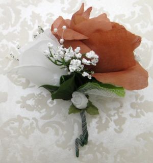 Roses Corsage Brown White Artificial Silk Wedding Flowers Prom Mother Corsage