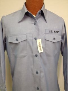 Shirt USN Navy Utility Work Light Blue Womens Long Sleeve Poly Cotton 34 32