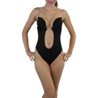 Women's Deep Plunge Bodysuit Bodyshaper with Removable Clear Elastic Straps