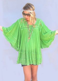 Chartreuse Vtg 70s Angel Sleeve Mini Dress Top Boho M L Festival Gauze Crochet