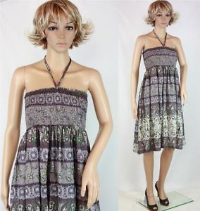 Vtg 80s 90s Metallic Ethnic Print Gauze Smocked Full Skirt Boho Sun Dress M
