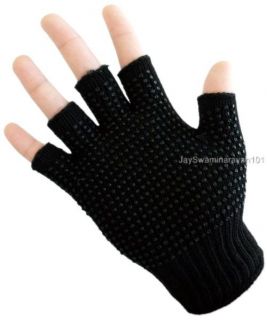 Womens Girls Winter Knit Fingerless Gloves Black Pink Leopard Print Dotted Palm