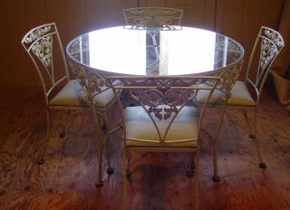 Vintage Green Woodard Chantilly Rose Glass Top Patio Garden Table 4 Chairs