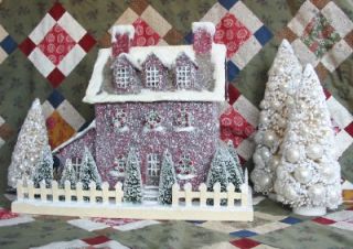 Colonial Primitive Red Stone Lighted Putz Christmas House Paper Mache