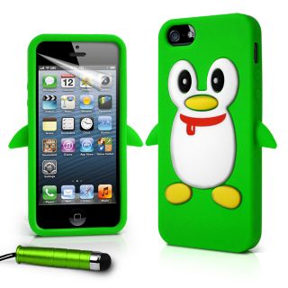 Green Penguin Soft Silicone Case for Apple IPHONE5 iPhone 5 5g Film Stylus