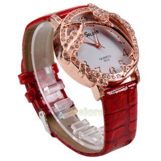 Fashion Women Ladies Crystal Diamond Leather Band Quartz Wrist Watch Red