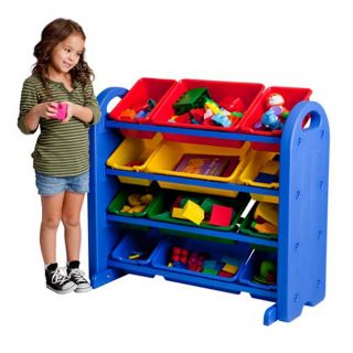 4 Tier Plastic Kids Book Shelf Storage and Toy Organizer with 12 Assorted Bins