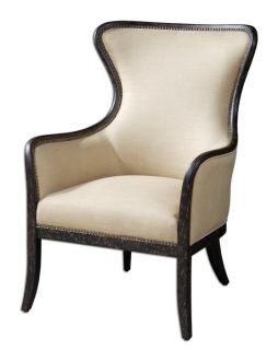 Wing Back Arm Chair Weathered Black White Mahogany Wood Tan Linen Upholstery New