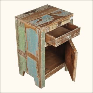 Rustic Distressed Teak Wood Bedside End Table Storage Nightstand Furniture New