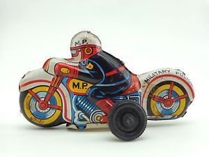 Vintage Millitary Police Kids Toy Tin Car Wheel Motorcycle Lithograph Friction