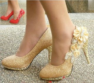 Flowers Wedding Party Shoes Glitter Diamantes High Heel Platform Pumps Shoes
