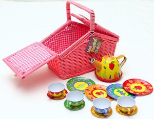 New Girl Party Picnic Tin Tea Pot Set Pink Basket Kitchen Pretend Play Toys Kids