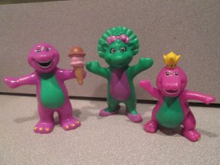 3 Barney Dinosaur Figures 3" PVC 90's Cake Toppers Vintage Kid's Toys