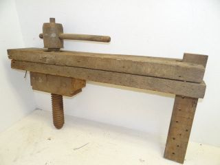 Antique Old Used Wood Wooden Carpenters Furniture Making Bench Vise Clamp Tool