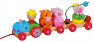 Lelin Wooden Childrens Kids Three Friends Farm Toy Tractor Pull Along Trailor