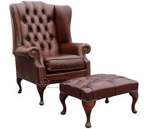 Chesterfield Prince's Mallory Large High Back Wing Chair Footstool Tan Leather