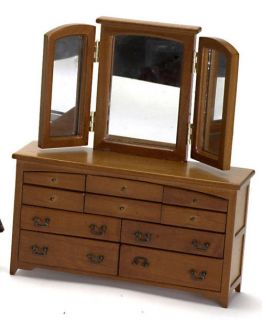 Doll House Mini Triple Dresser with Mirrror Pecan Bedroom Chest Furniture