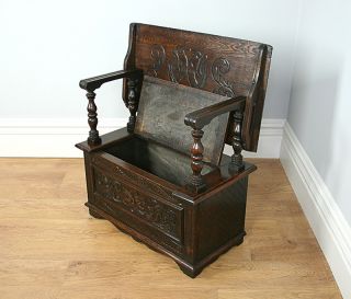Antique Victorian 3ft Carved Oak Hall Settle Monks Bench Kitchen Pew Chair Seat