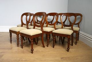 Antique 10 Ten Victorian Mahogany Balloon Crown Back Upholstered Dining Chairs