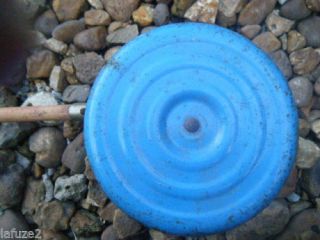 Vintage Childs Kids Push Stick Bell Pull Toy Metal Blue Wheel Wooden 