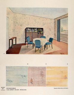 1933 Art Deco Dining Room Table Chairs Cabinet Print Original