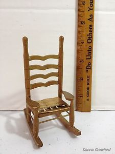 Old Miniature Wooden Rocking Chair Weave Seat Small Ladder Back Doll House