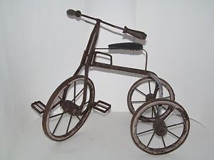 Antique Tricycle Bike Wood Wheels Hubs Grips Rusty Metal Frame Folk Art Toy